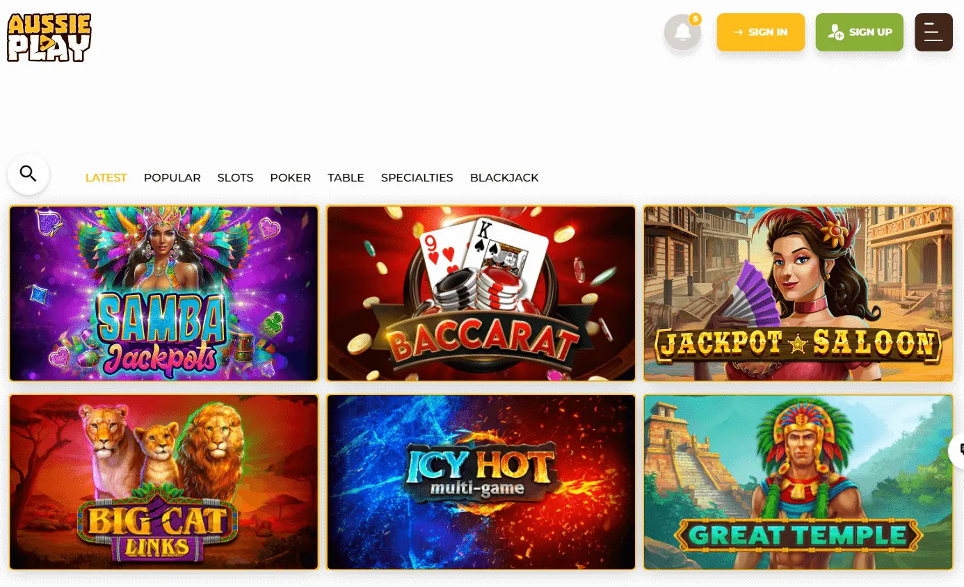 Aussie Play Casino games screen on desktop