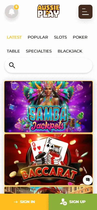 Aussie Play Casino games screen on a mobile device