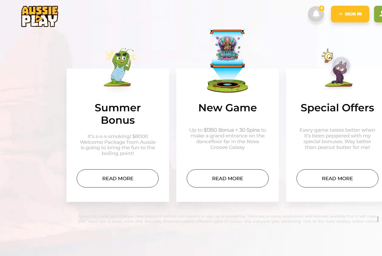 Aussie Play Casino promotions screen on desktop